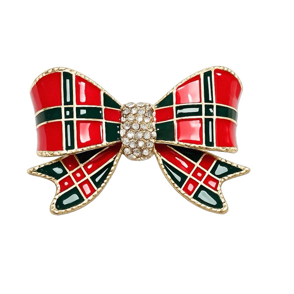Christmas Plaid Bow Brooch Rhinestone Gold Tone Holiday Lapel Pin Red Green